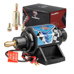 CarBole 12V fuel pump front view, compact unit ideal for tight engine bays.