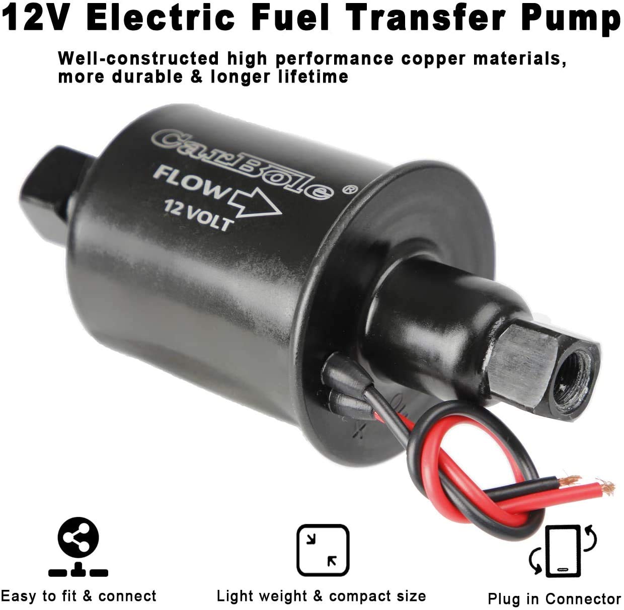 CarBole 12V fuel pump packaging image showing included fittings