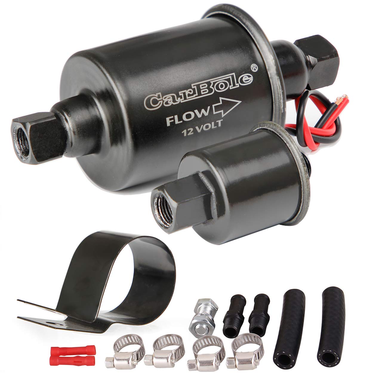 CarBole 12V universal fuel pump front view, reliable fuel transfer for gasoline and diesel