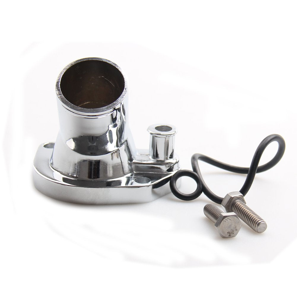 CarBole chrome thermostat housing water neck close-up, showcases premium finish.
