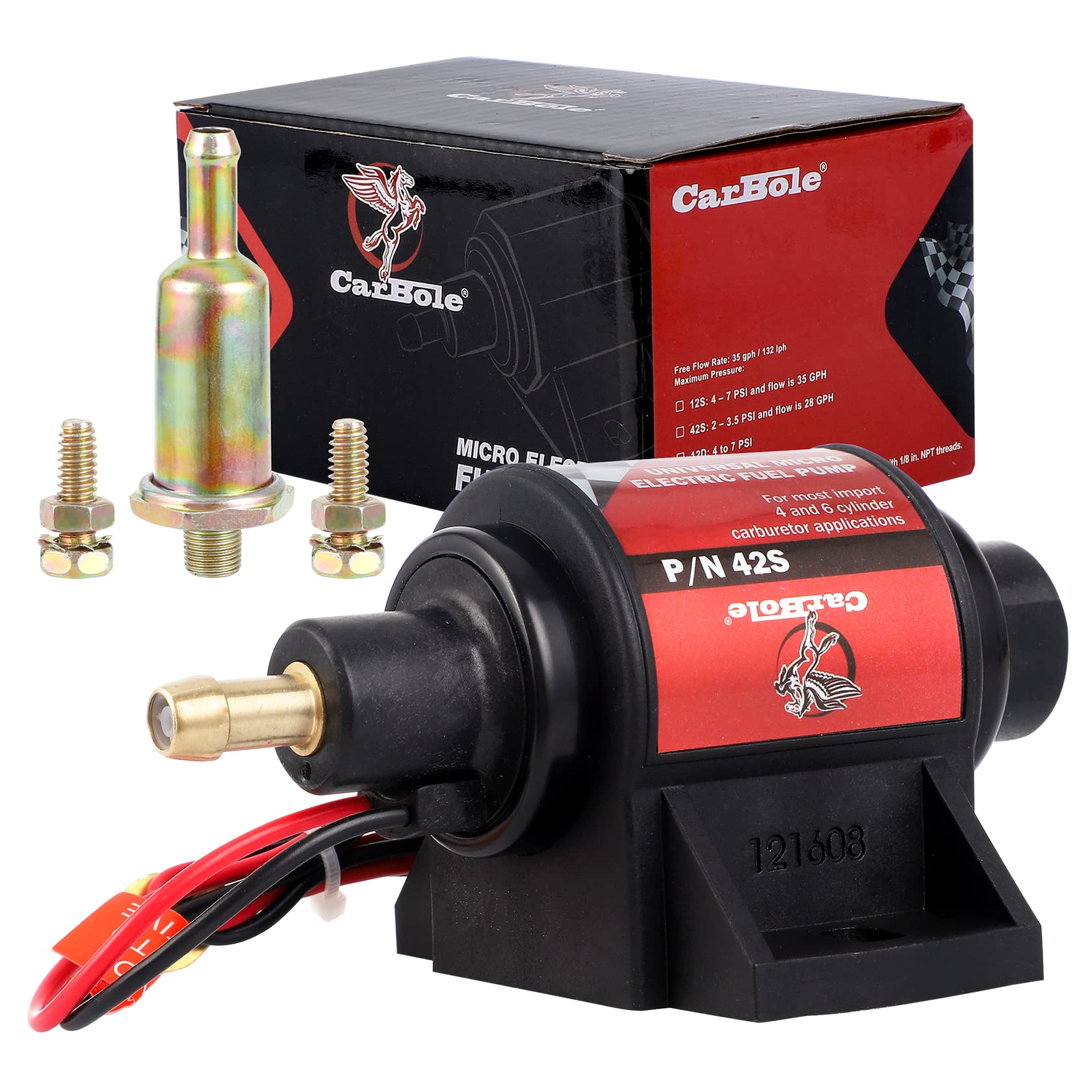 CarBole 12V inline fuel pump with 5/16in ports for stable gasoline transfer