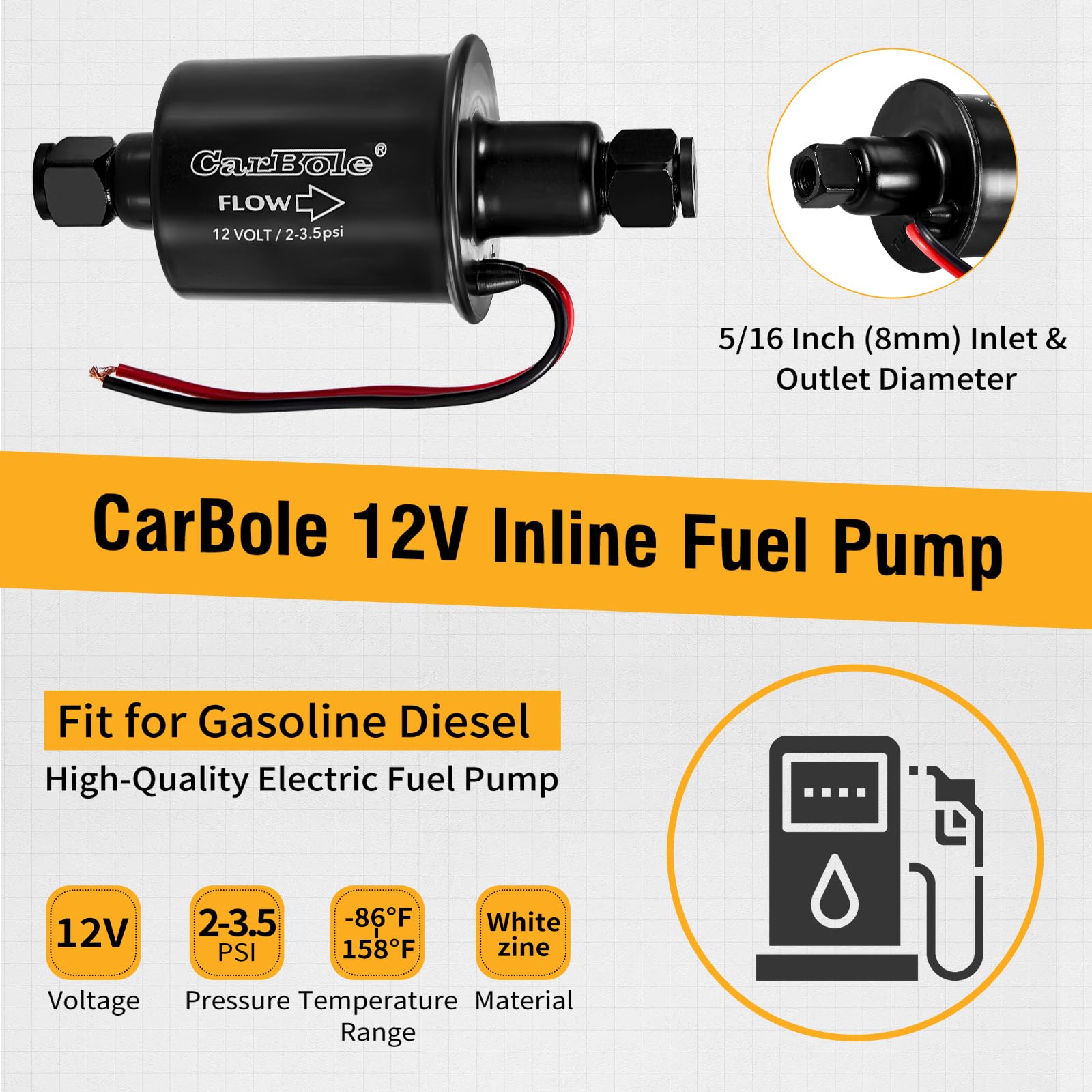 CarBole inline fuel pump with check valve for reliable fuel transfer