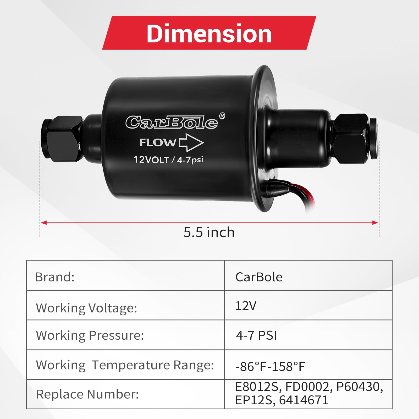 CarBole inline fuel pump kit with mounting bracket for easy installation.