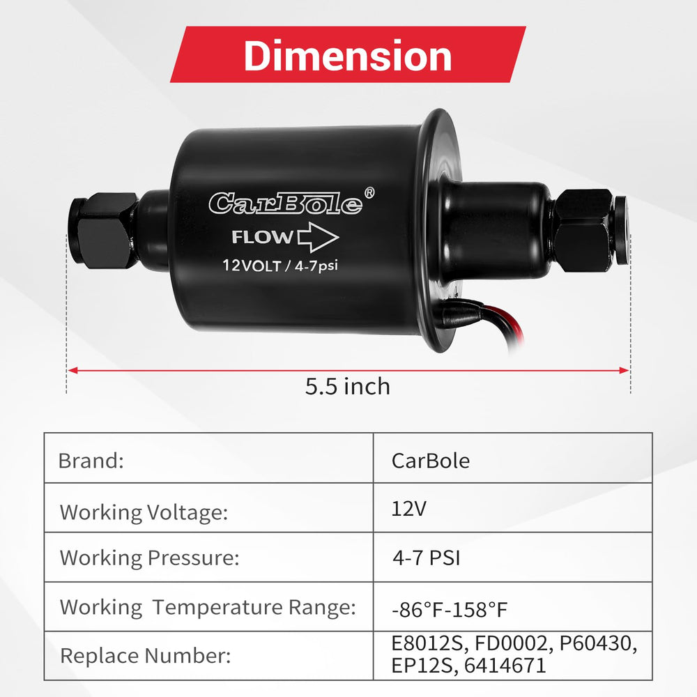 CarBole inline fuel pump kit with mounting bracket for easy installation.
