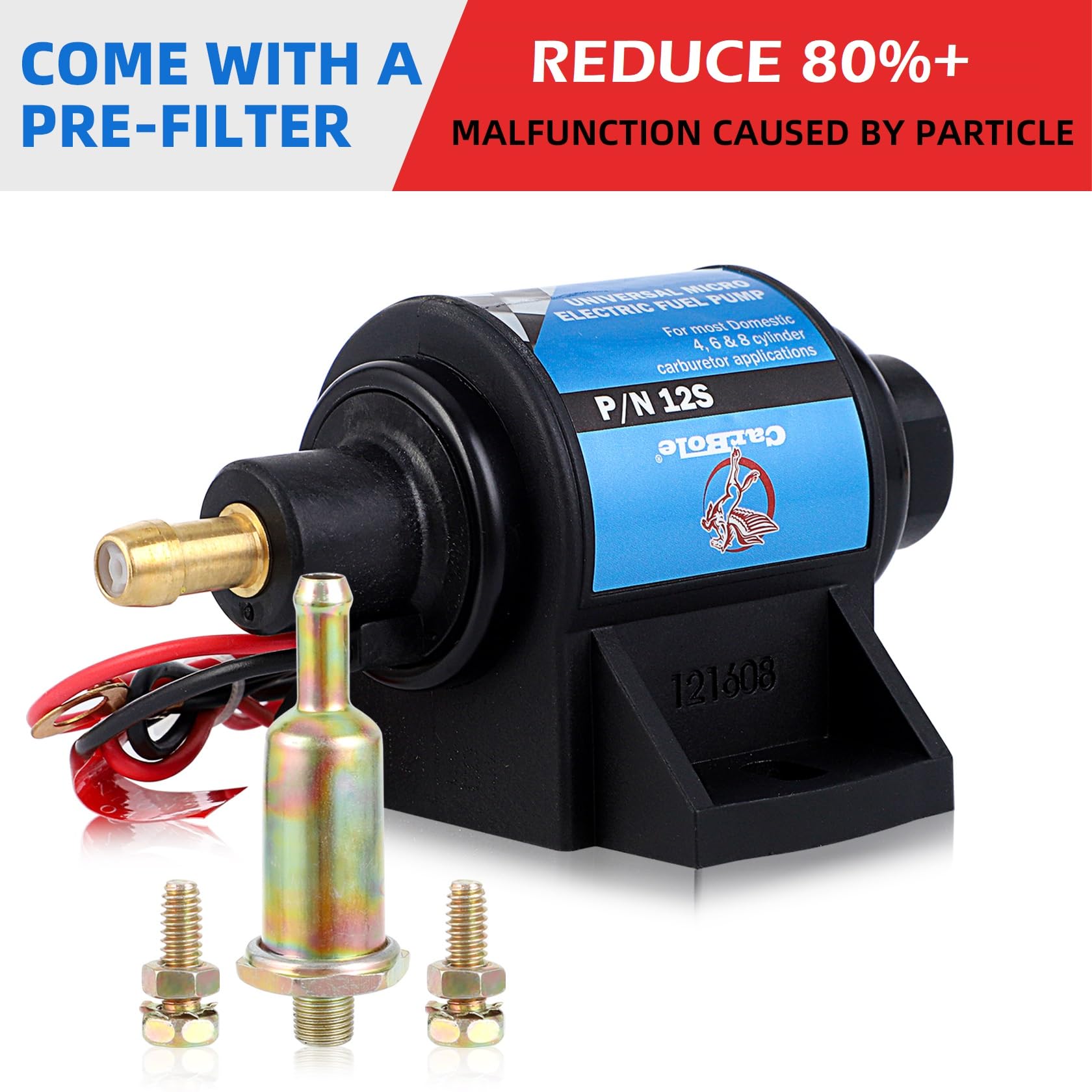 CarBole pump 4-7 PSI 12V label: steady fuel pressure for smooth operation.