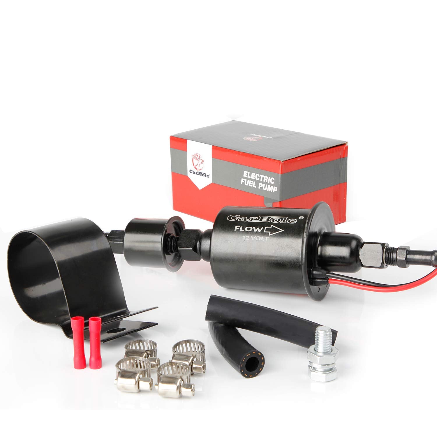 CarBole E8012S universal inline fuel pump front view for quick identification.