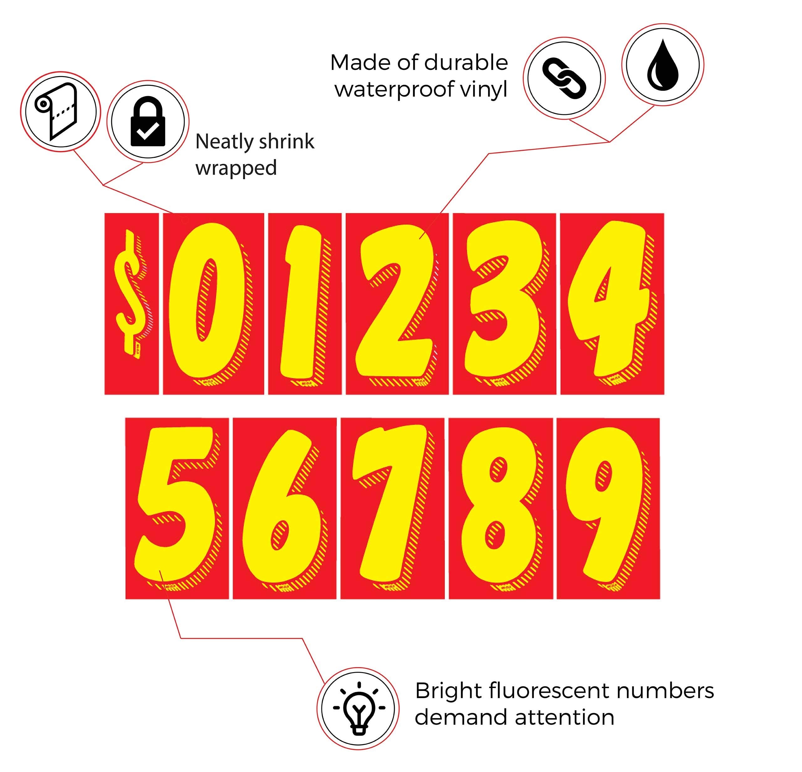 CarBowz yellow-red numbers 7.5 inches boost on-lot visibility on windows.