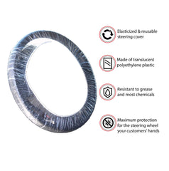 CarBowz universal-fit steering wheel cover provides protective barrier during detailing.