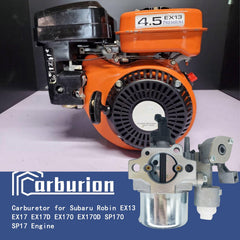 Carburionix EX13 EX17 carburetor closeup, showing precise idle and fuel mixture components.