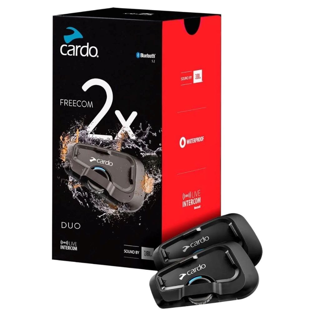 Cardo Freecom 2X dual-pack front view for seamless helmet-to-helmet comms.