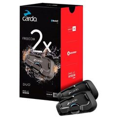 Cardo Freecom 2X dual-pack front view for seamless helmet-to-helmet comms.