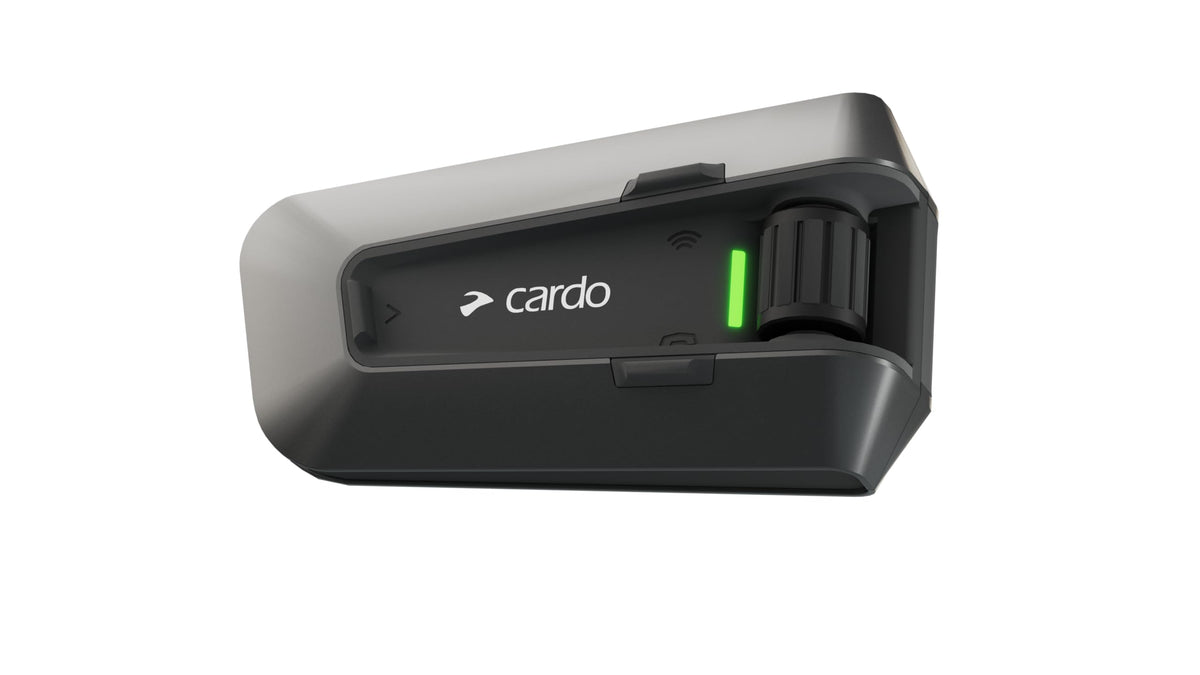 Cardo PACKTALK Edge front view showing rugged, all-weather design for riding