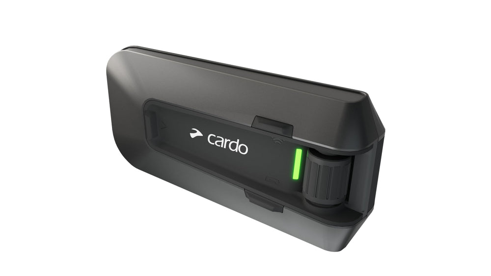 Cardo PACKTALK Edge helmet intercom enables hands-free trail communication.