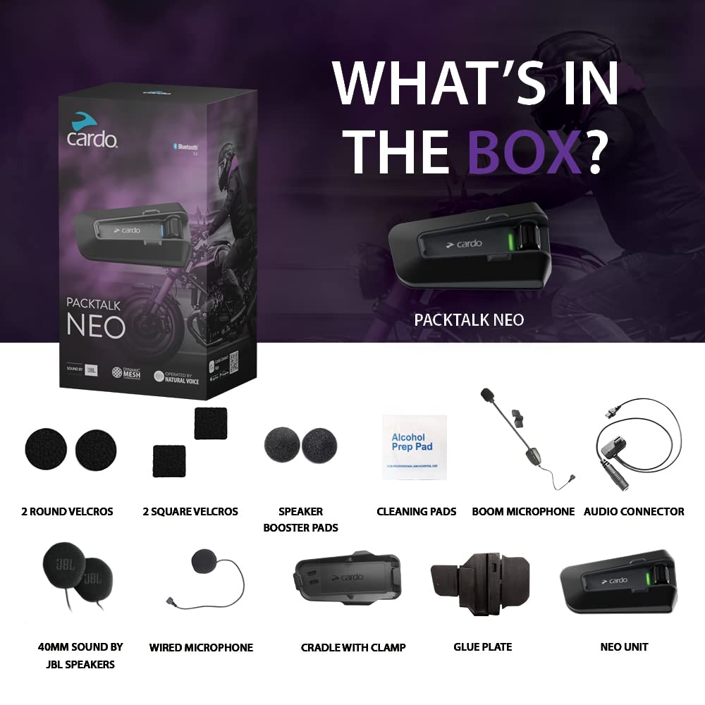 Cardo Packtalk Neo 1.6 km range for group conversations.