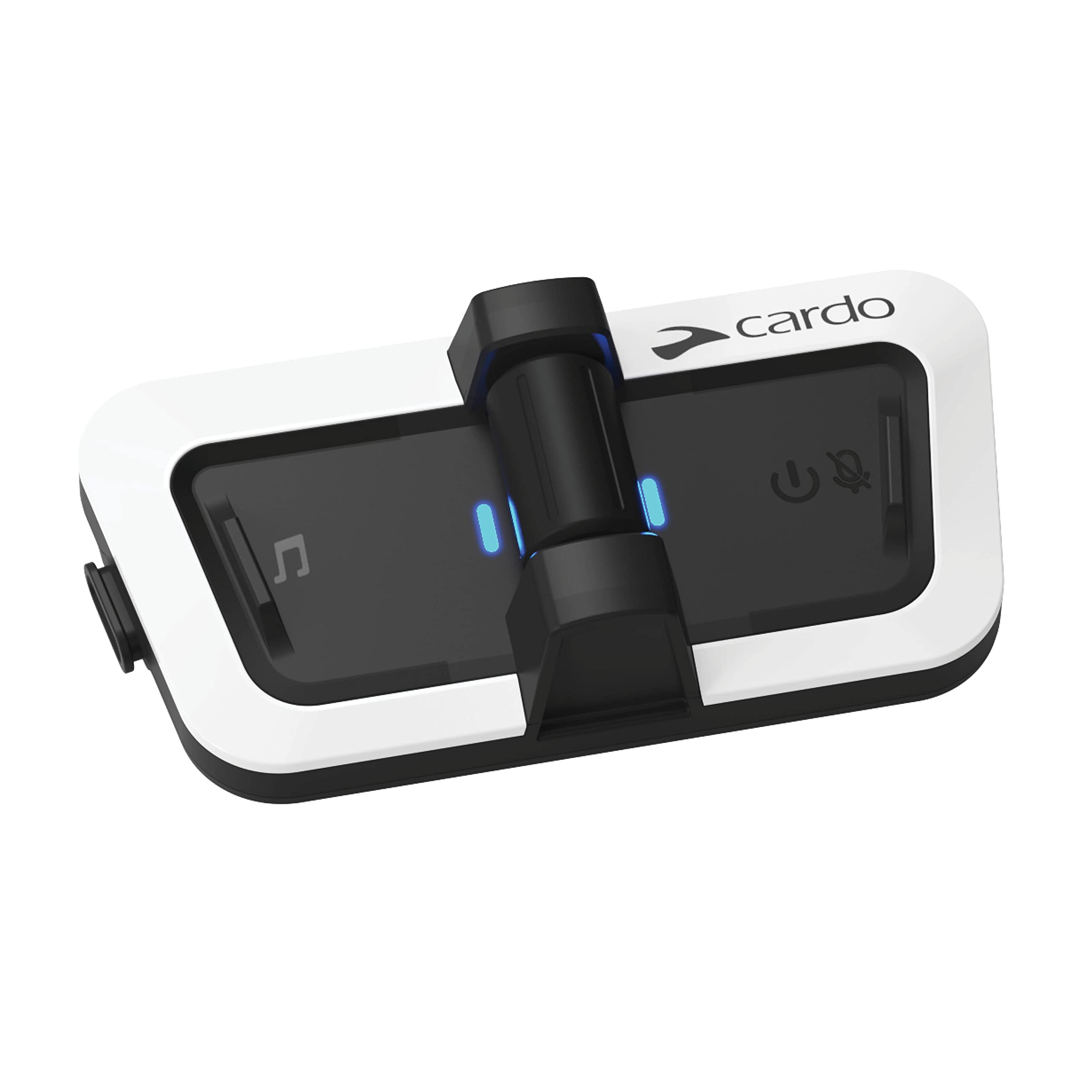 Cardo PackTalk Outdoor mounted on snow helmet enables hands-free communication.