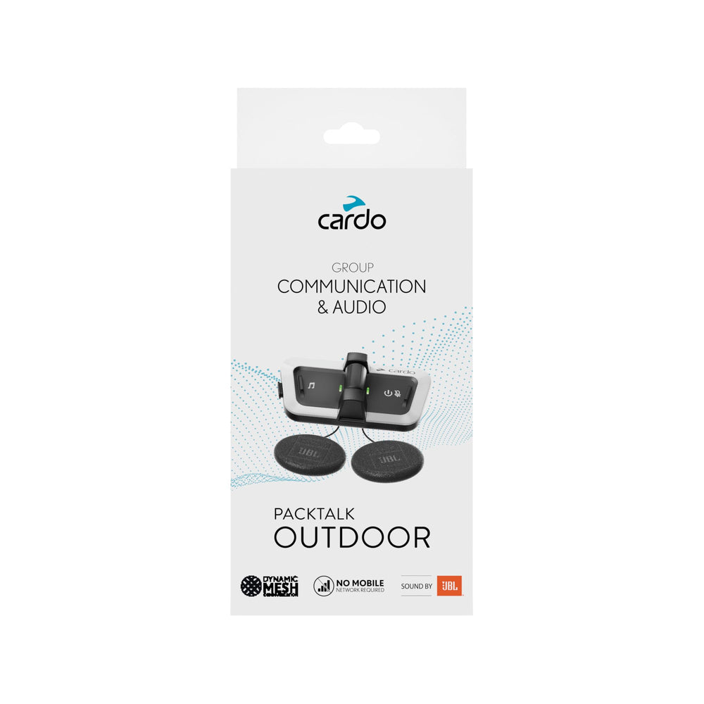 Cardo Packtalk Outdoor intercom setup shows easy pairing and group communication up to 1 km.