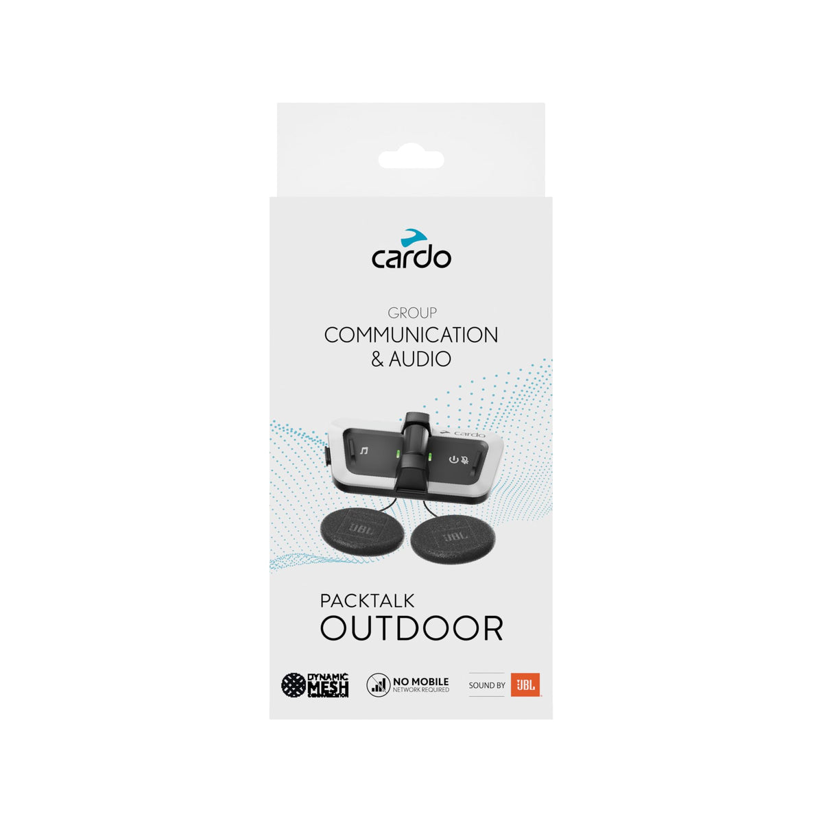 Cardo Packtalk Outdoor intercom setup shows easy pairing and group communication up to 1 km.