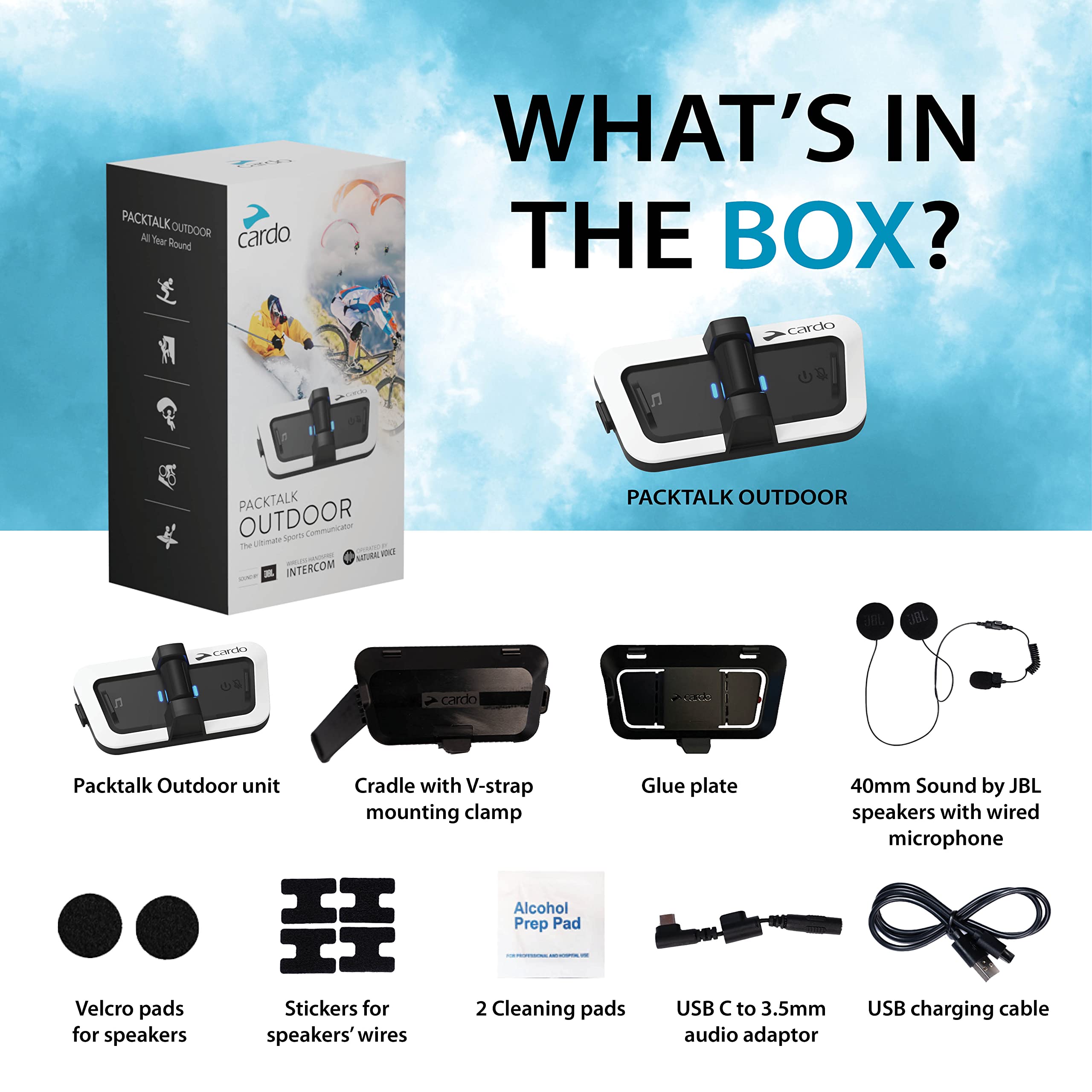 Cardo PackTalk Outdoor USB-C charging for quick top-ups.