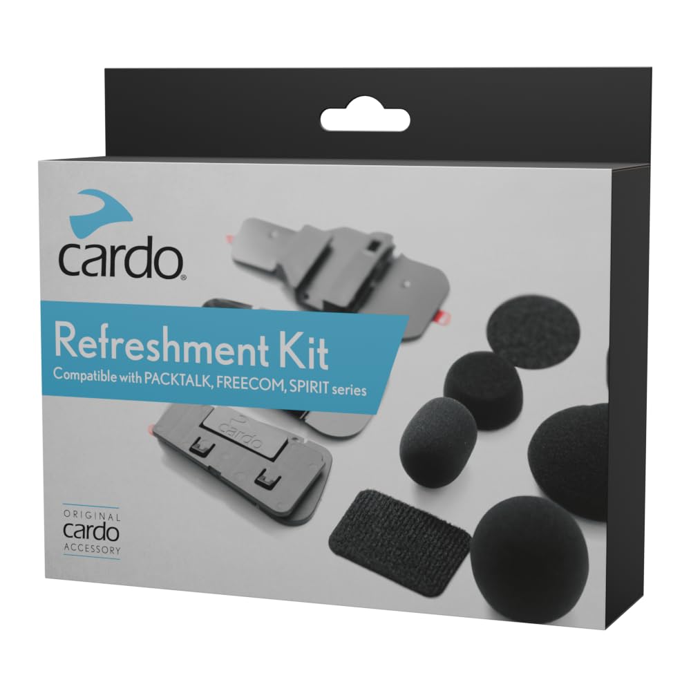 Cardo refresh kit laid out showing plates, sponges, Velcro and stickers for quick replacement and improved comfort