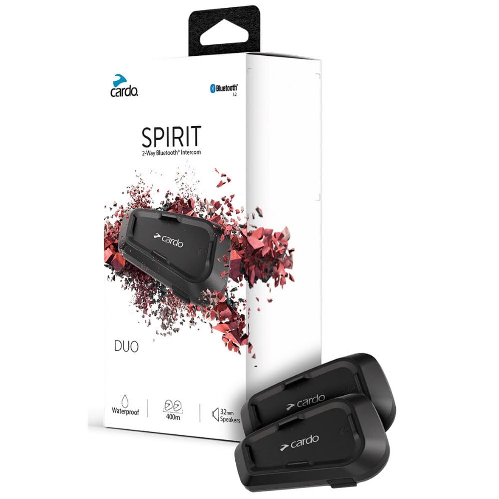 Cardo Spirit headset front view showing sleek black design for quick helmet mounting and clear ride communication