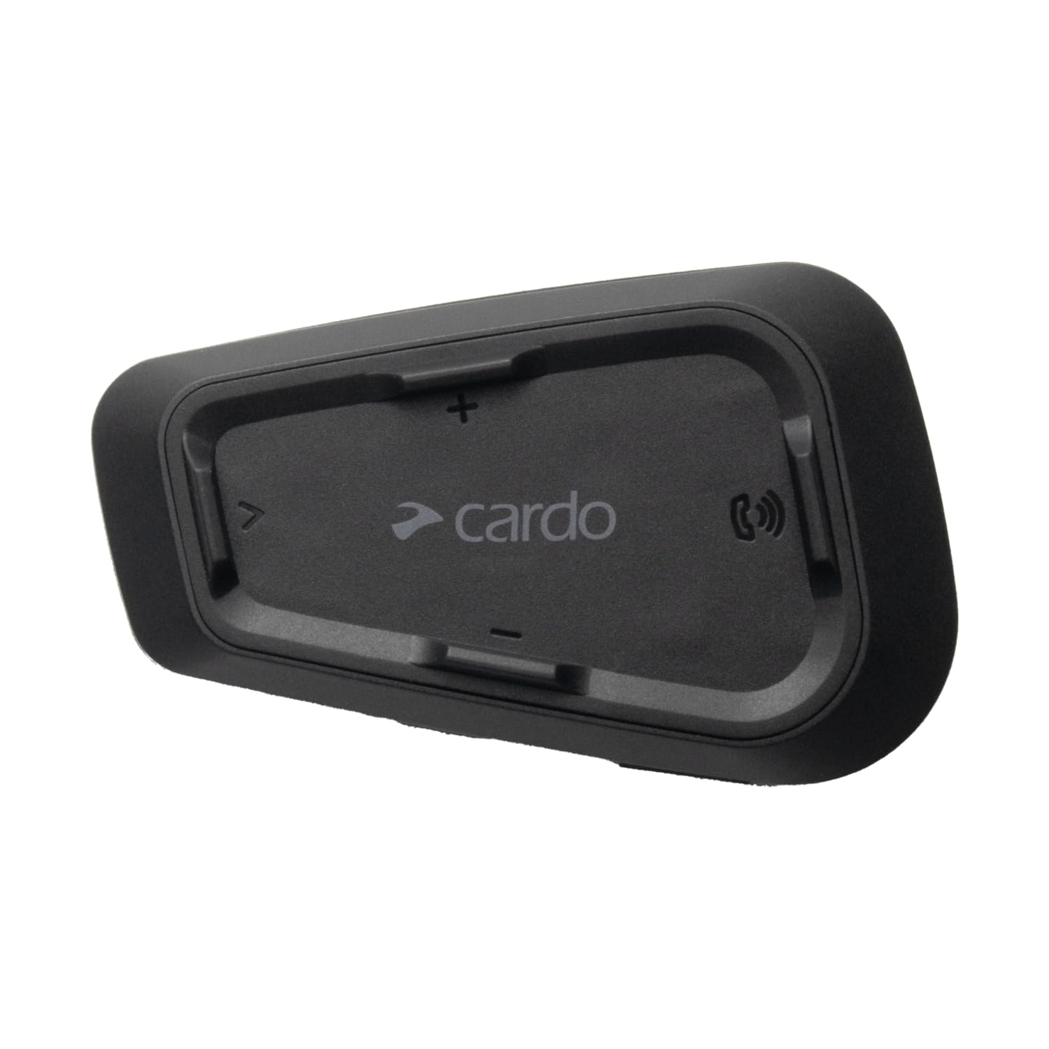 Cardo Spirit headset front view with slim 32mm speakers for discreet riding audio.