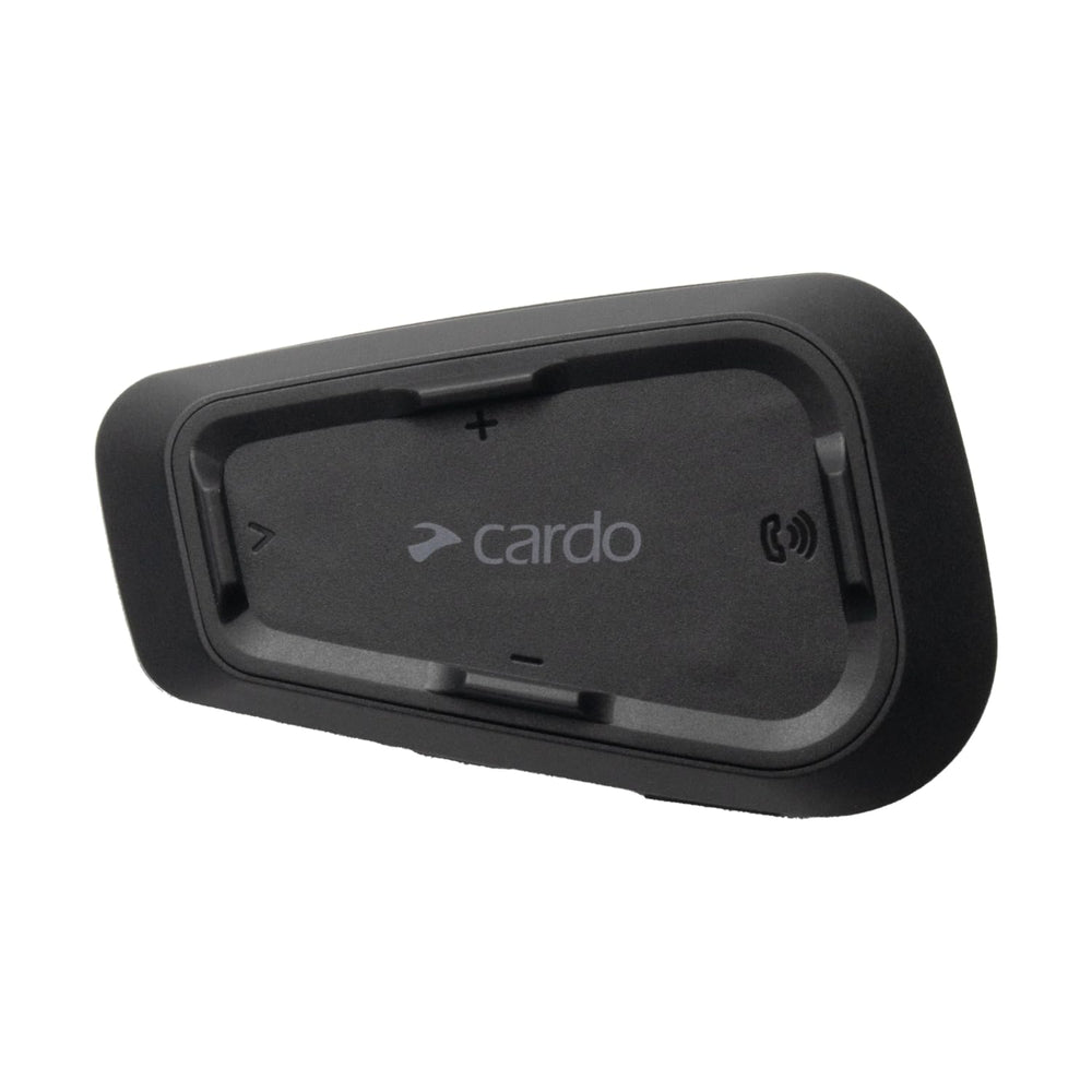 Cardo Spirit headset front view with slim 32mm speakers for discreet riding audio.