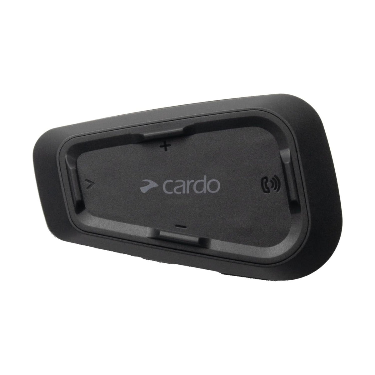 Cardo Spirit headset front view with slim 32mm speakers for discreet riding audio.