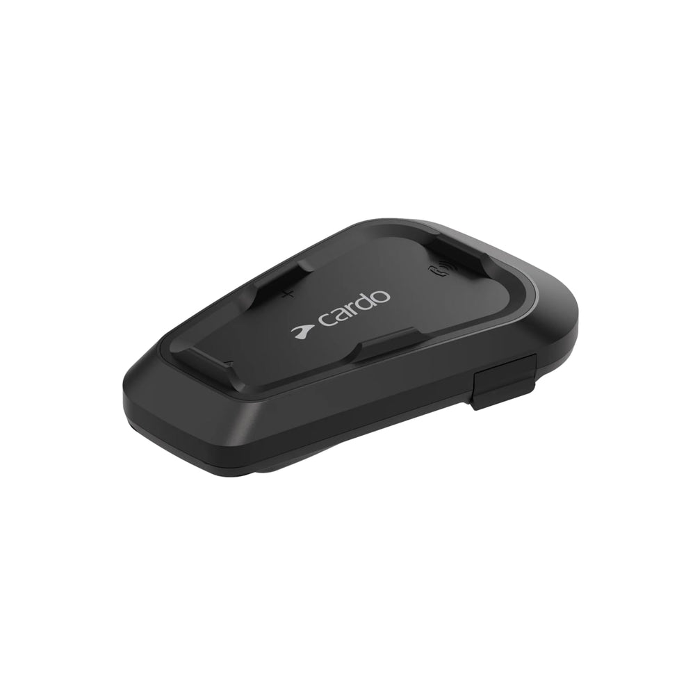 Cardo Spirit headset side view showing slim profile and portable controls.