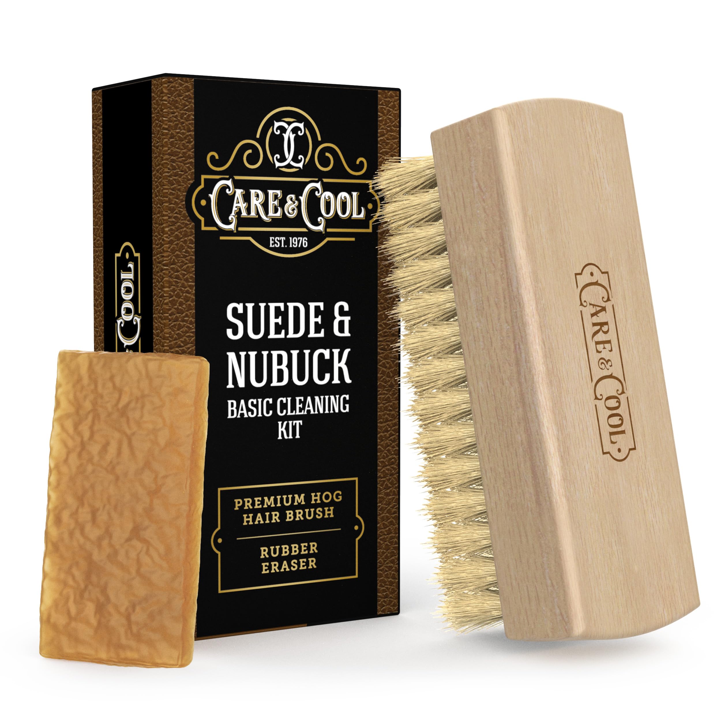Care & Cool Premium Hog Hair Brush closeup shows deep-clean fibers for delicate suede and nubuck.