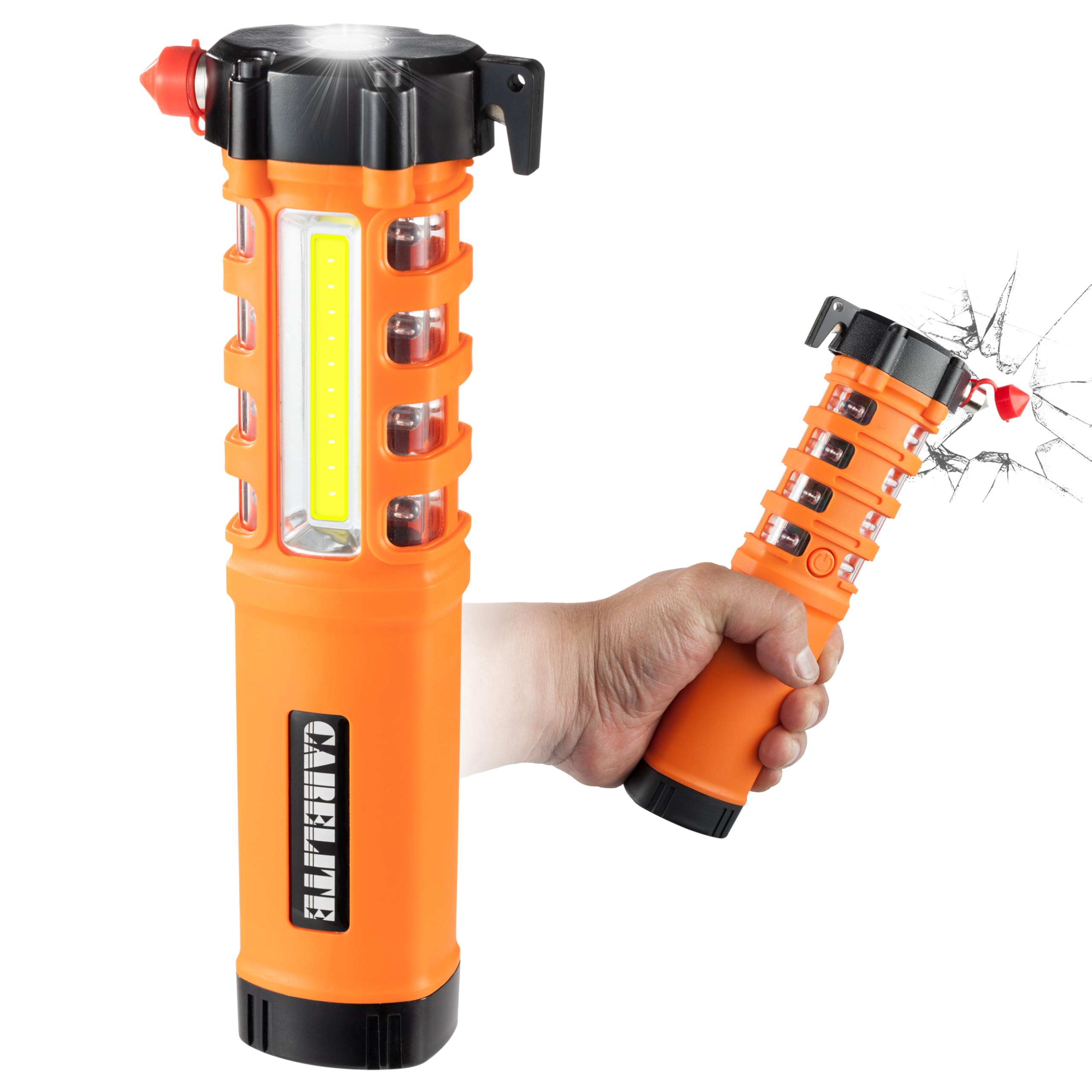 CareLite emergency flashlight front view in orange for roadside visibility