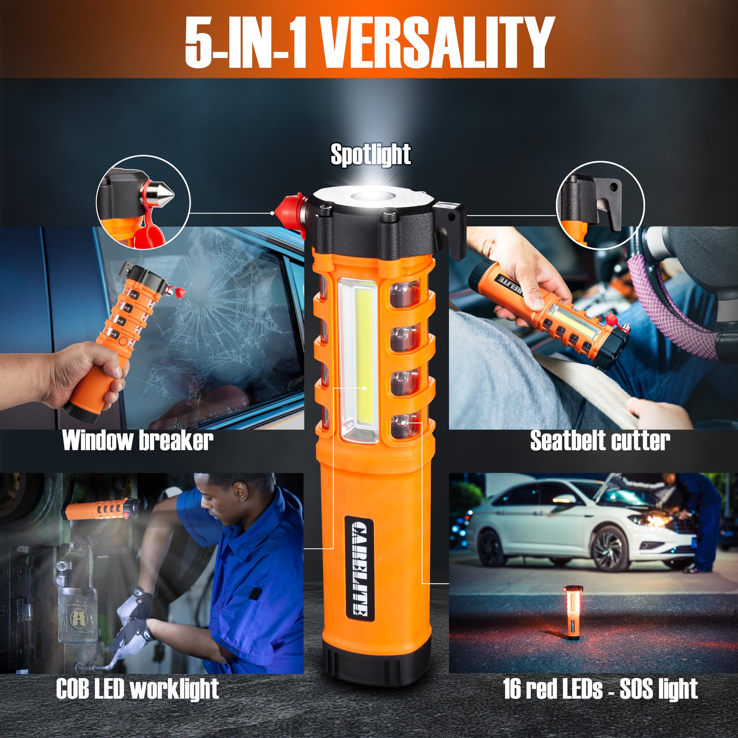 CareLite emergency flashlight seatbelt cutter detail for quick escape