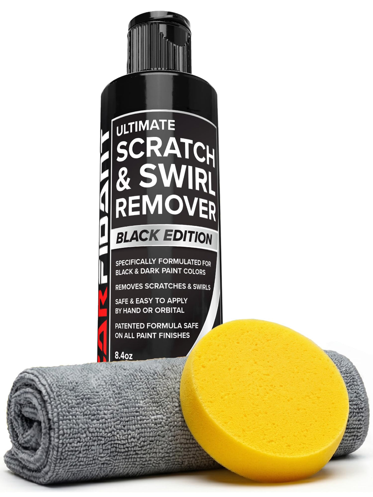 Carfidant Black Scratch Remover bottle demonstrating the dark-paint repair focus