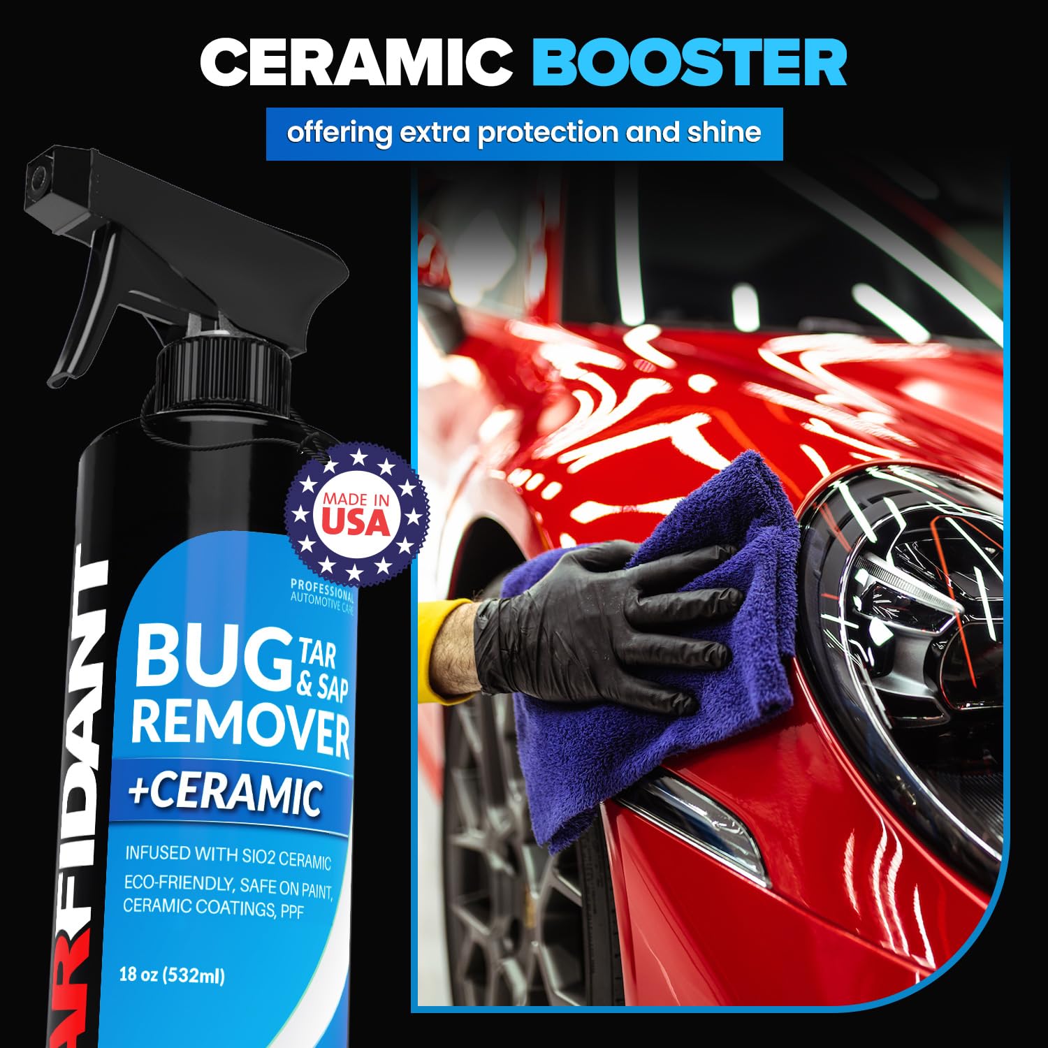 Shiny vehicle surface after treatment with Carfidant Bug Remover