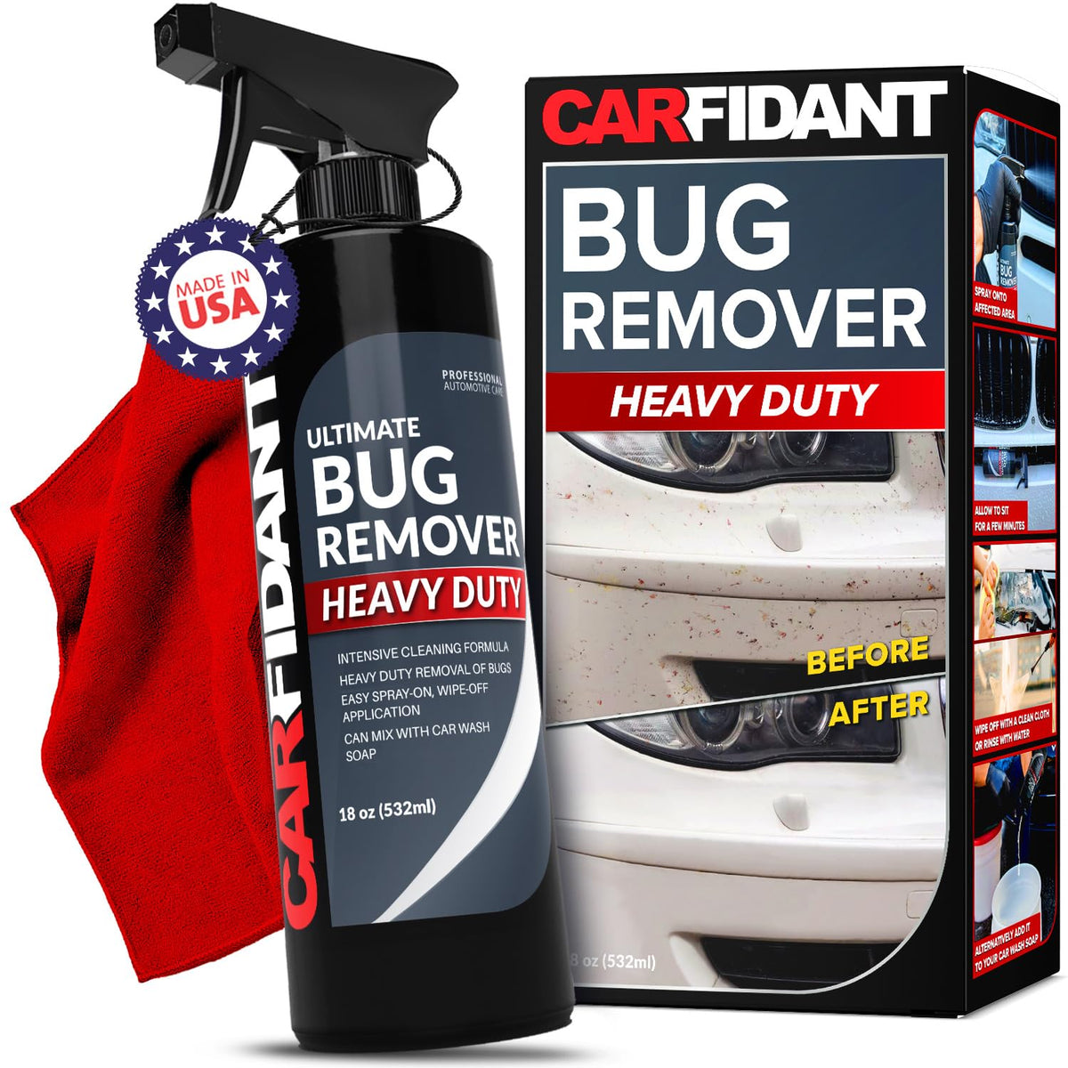 Carfidant Bug Remover bottle close-up showing heavy-duty formula for tough bugs