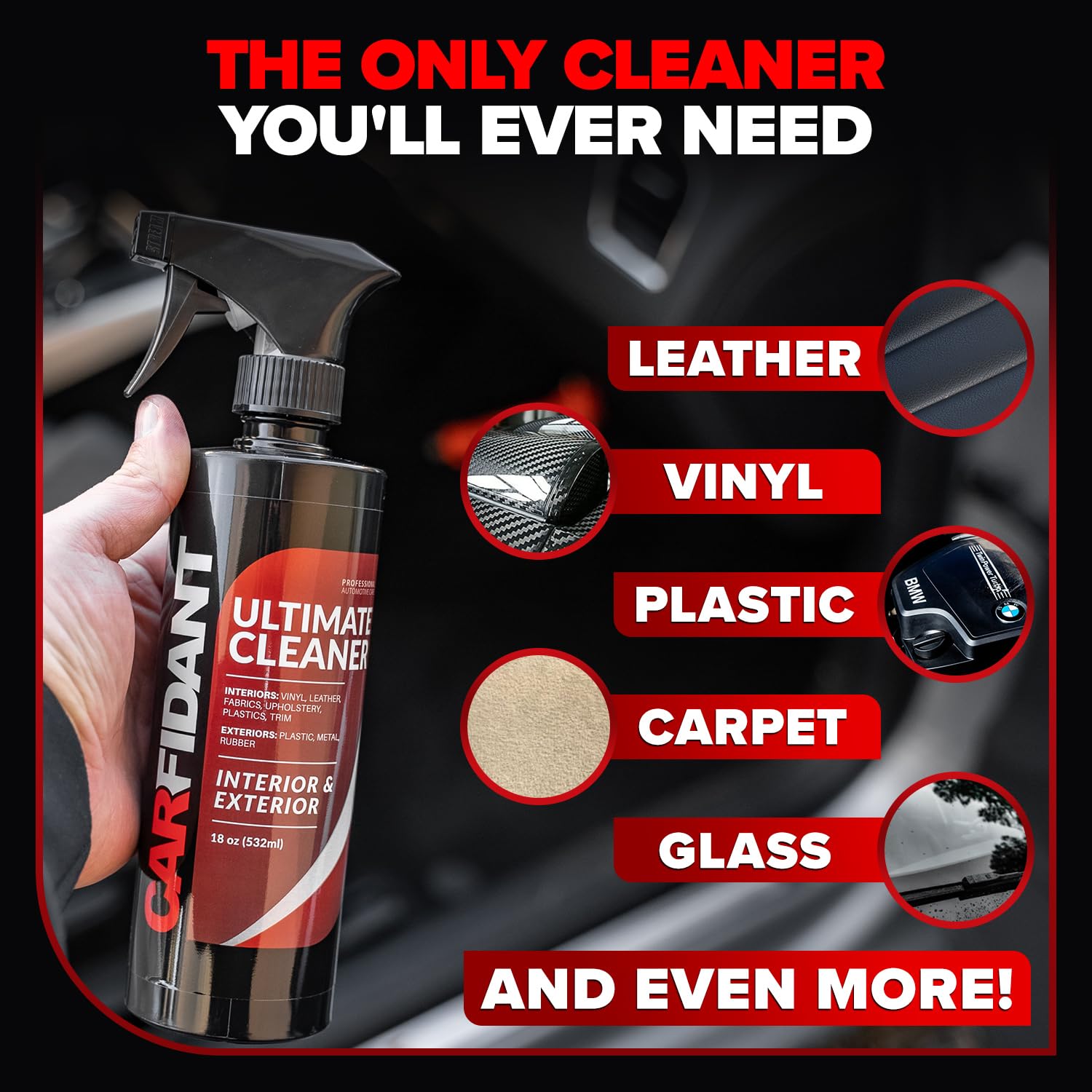Microfiber towel included with Carfidant interior cleaner for efficient wipe-downs.