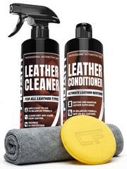 Carfidant car leather cleaner bottle pour demonstrates easy application and no greasy residue.