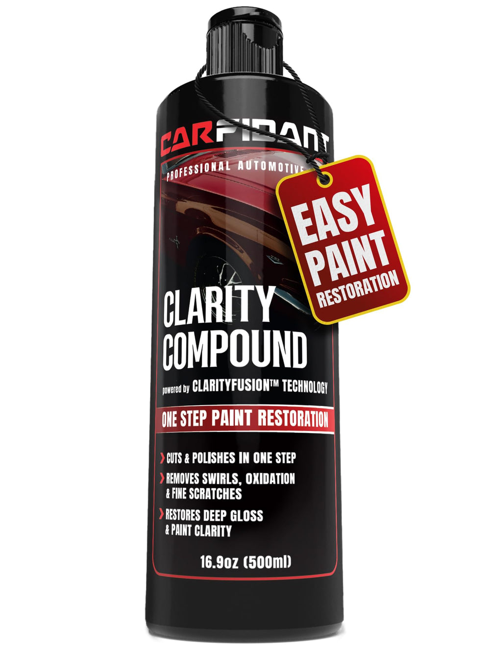 Carfidant ClarityCompound scratch remover in action on a glossy clear coat