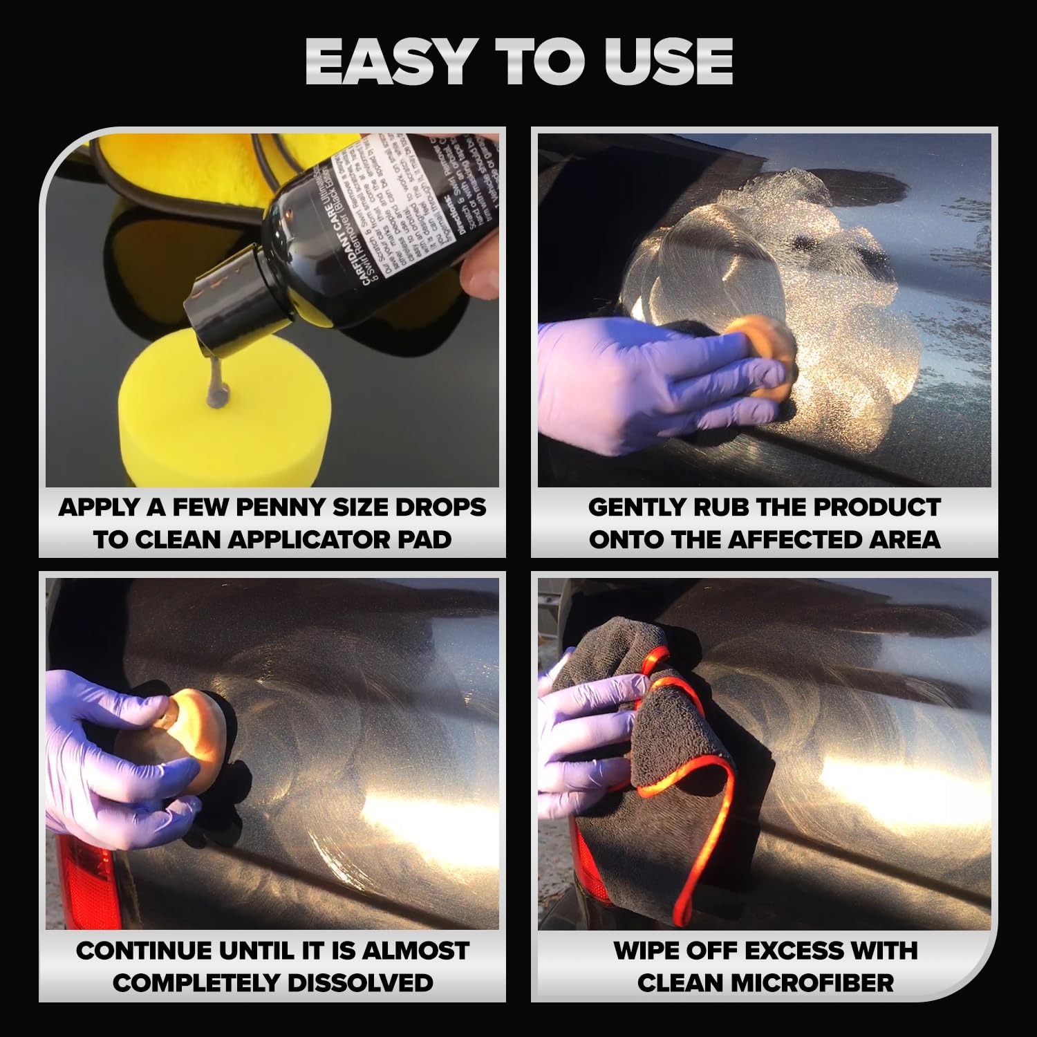Carfidant six-piece kit in use for comprehensive dark-color car care