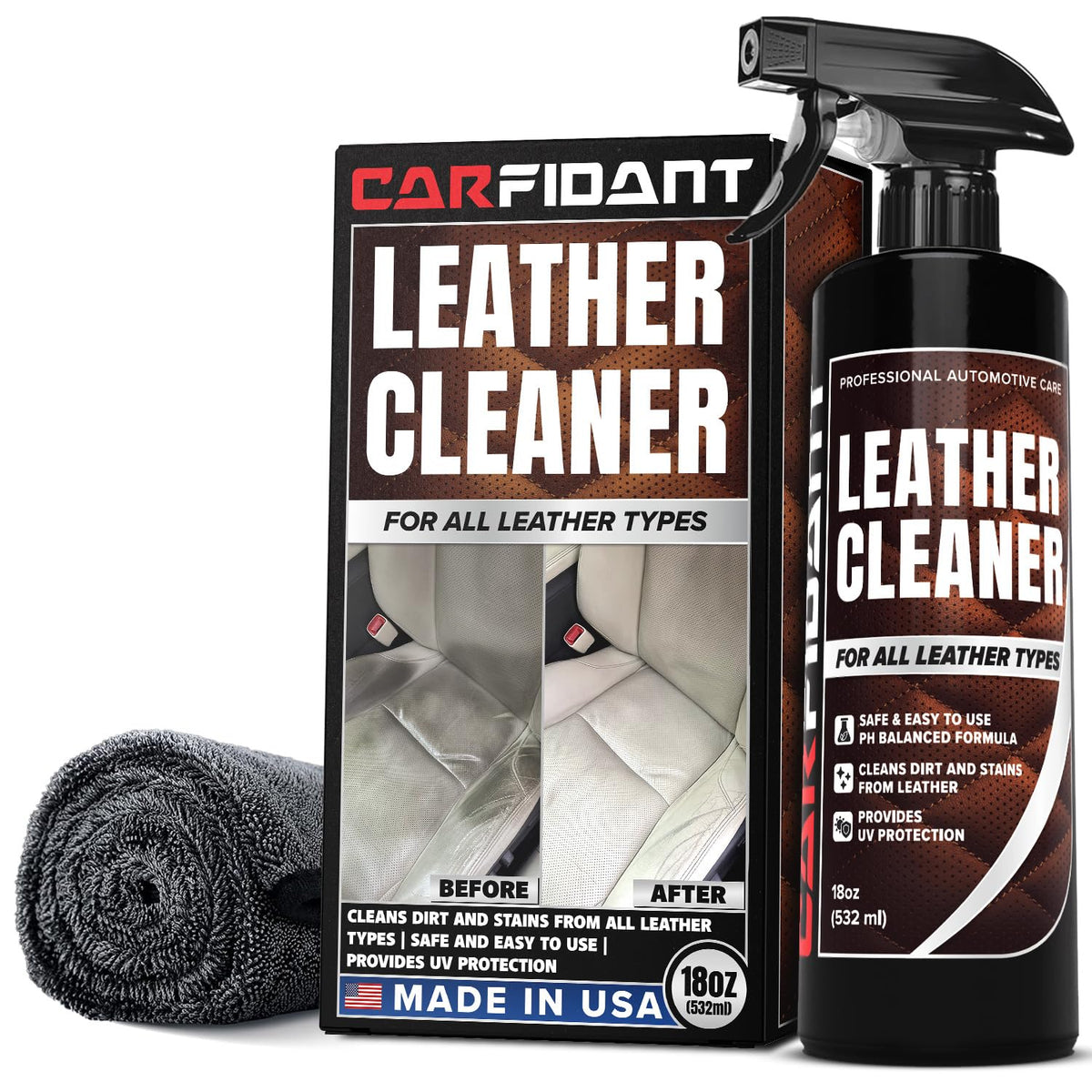 Carfidant Leather Cleaner bottle and towel for easy application