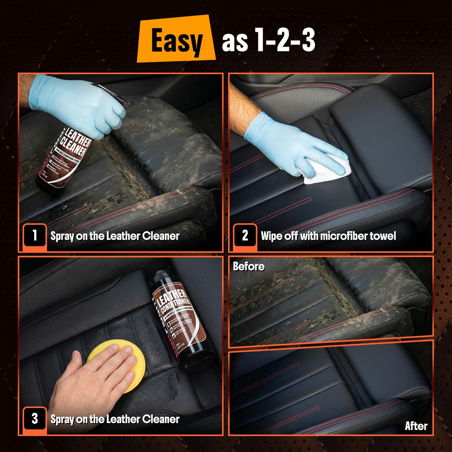 Carfidant leather seat cleaning action reveals dirt removal without harming surface finish.