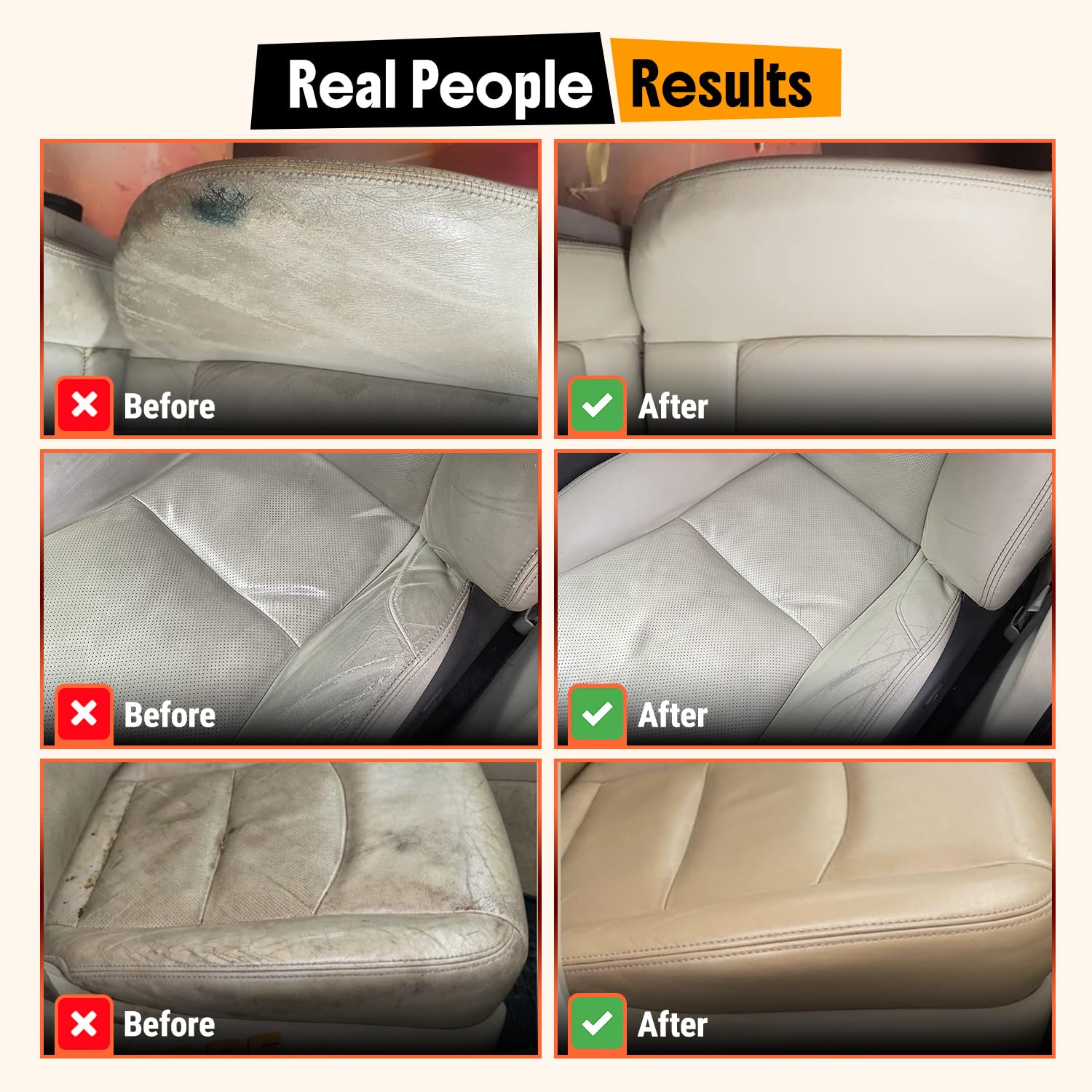 Carfidant leather seat close-up shows refreshed, renewed look after treatment.