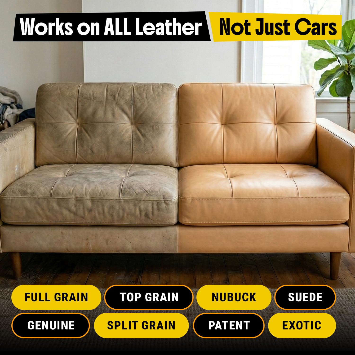 Carfidant no-residue result after treatment on genuine and faux leather.