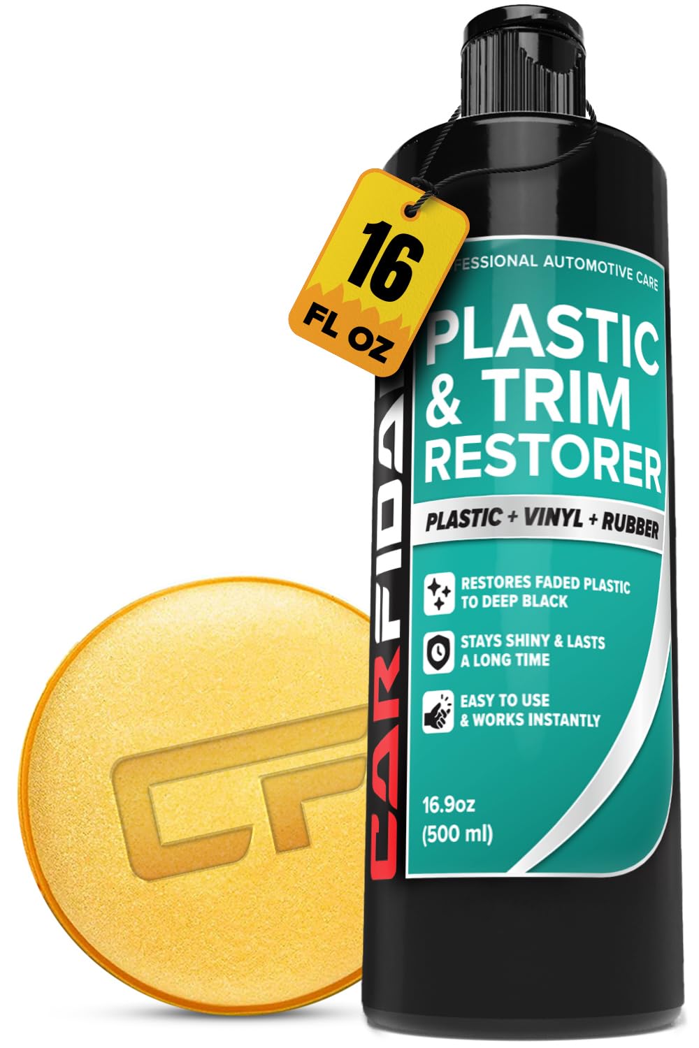 Carfidant Plastic Restorer bottle pour shows easy application for instant shine