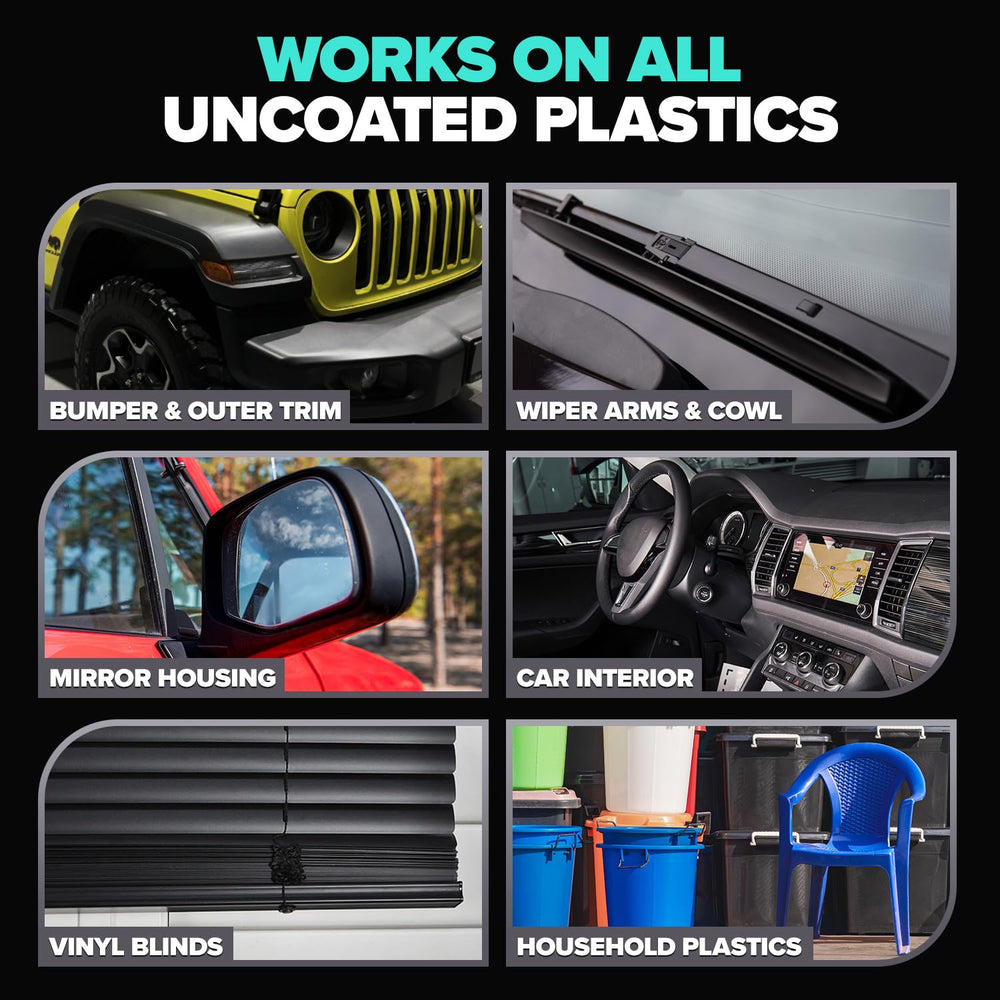 Carfidant Plastic Restorer forms a durable coating on vinyl, rubber, and plastic.