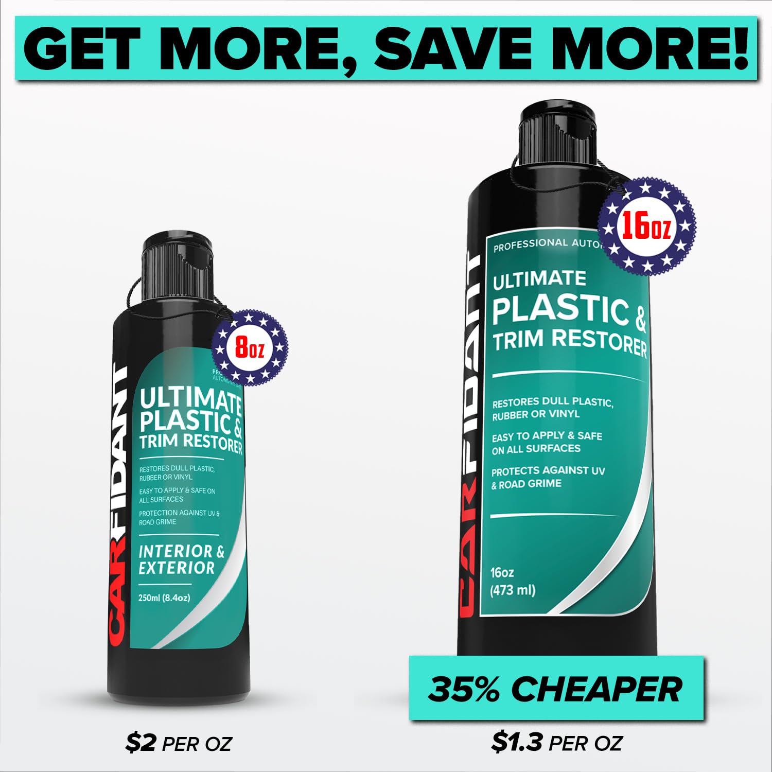 Carfidant Plastic Restorer exterior trim provides long-lasting UV protection and rich black finish