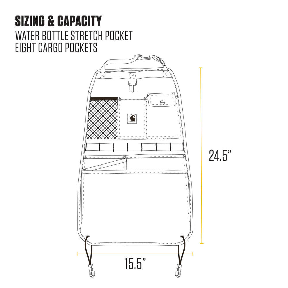 Carhartt seat back organizer hat hook keeps headwear accessible.