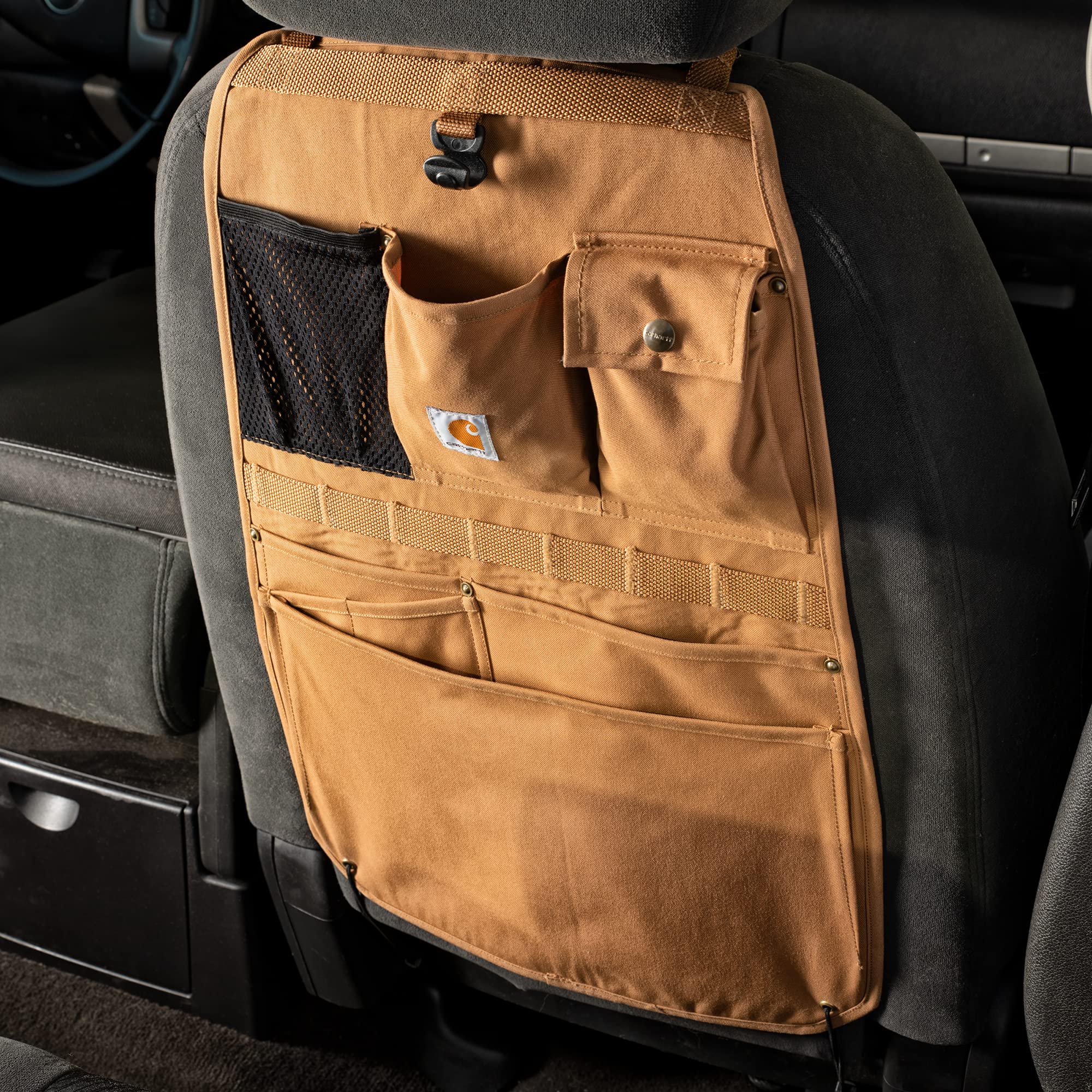 Carhartt seat back organizer seat protection guards upholstery from scuffs.