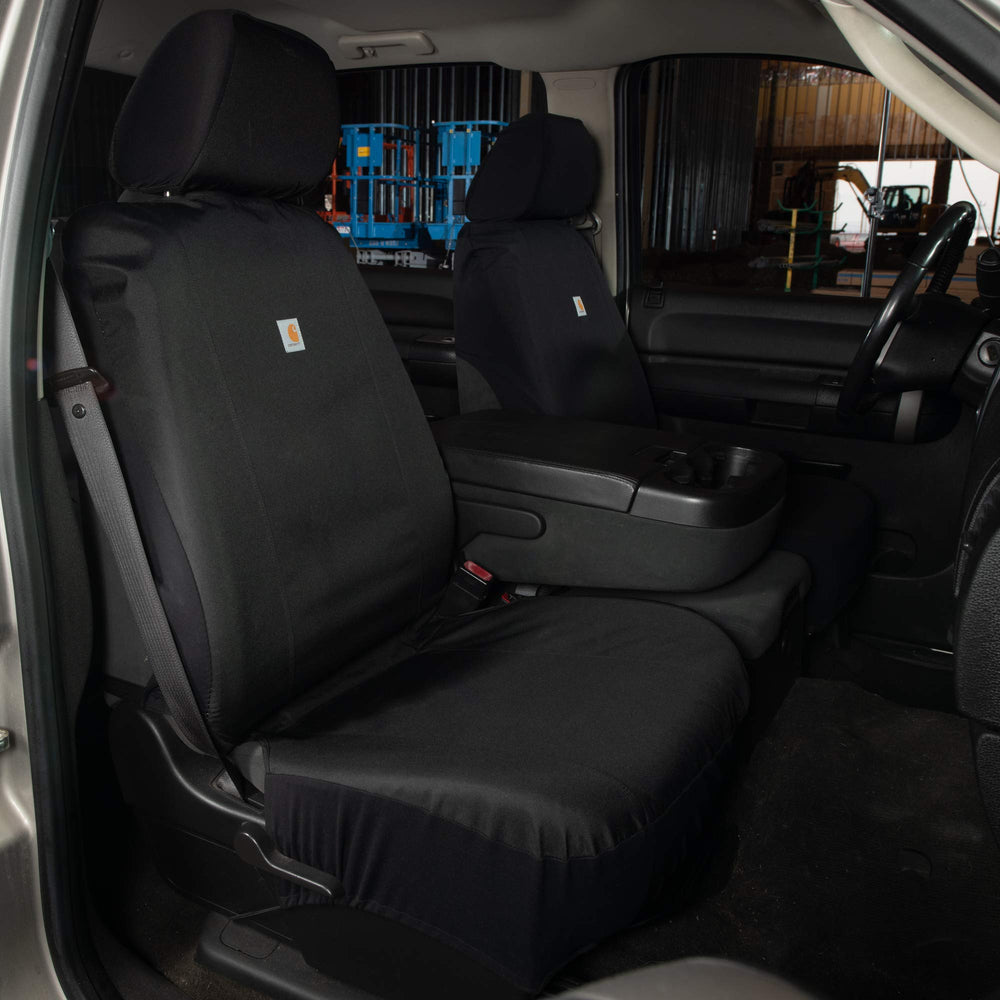 Carhartt seat cover installed in a full-size truck cabin example.