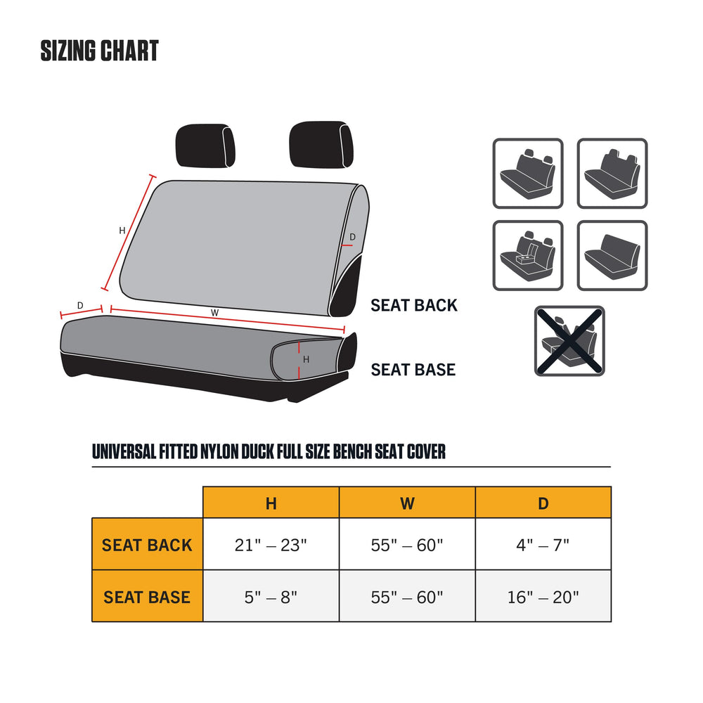Carhartt bench seat cover four-corner-fit keeps the cover secure during busy work days.