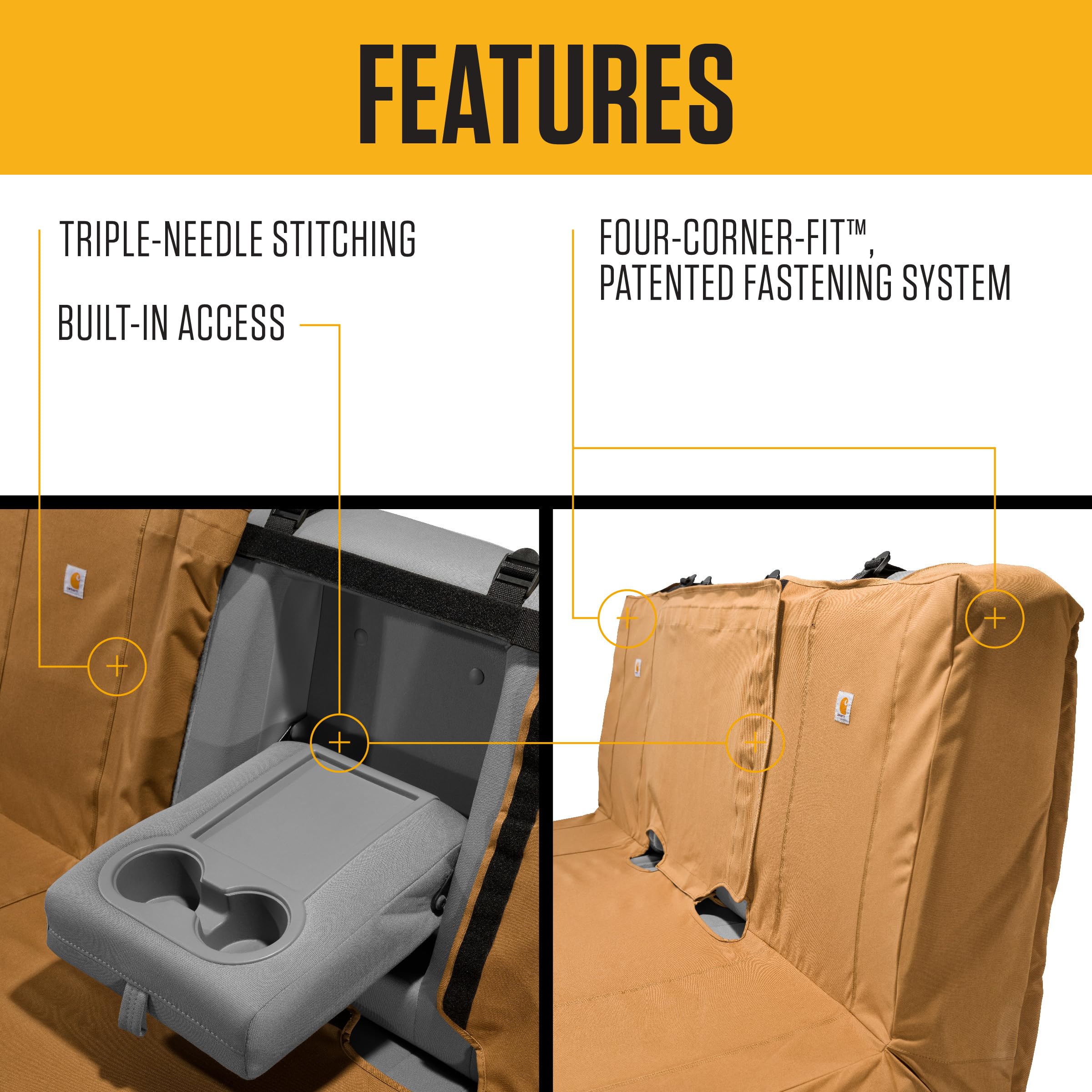 Carhartt bench seat cover stitching detail emphasizes durability for heavy-duty use.